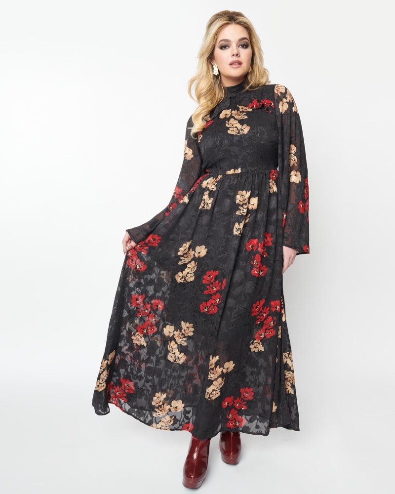 Front of a model wearing a size XL Unique Vintage Black Red & Gold Floral Bell Sleeve Maxi Dress in Black/Floral by Unique Vintage. | dia_product_style_image_id:315000